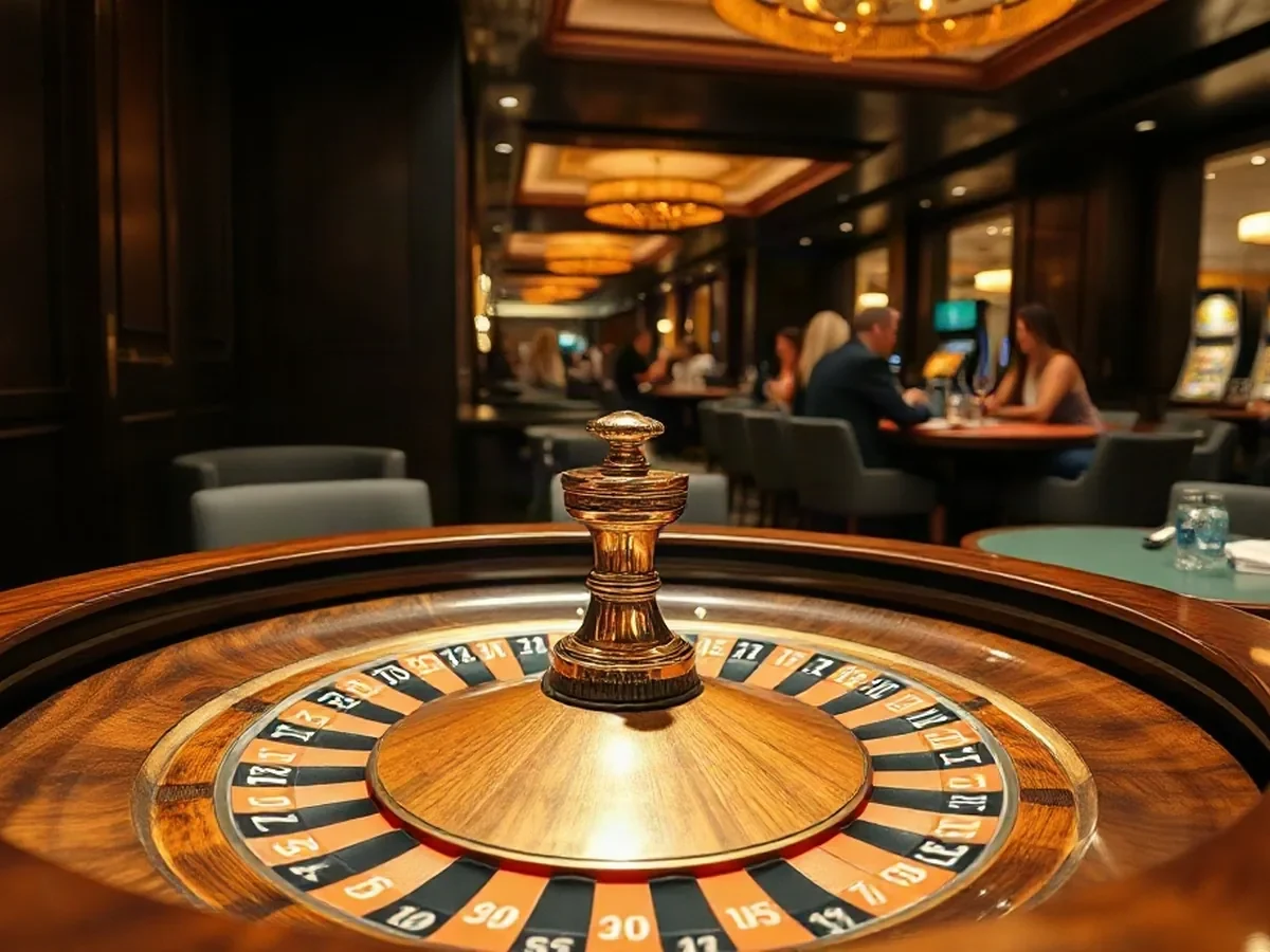 A physical roulette wheel and felt layout under warm light, framed by dark oak.