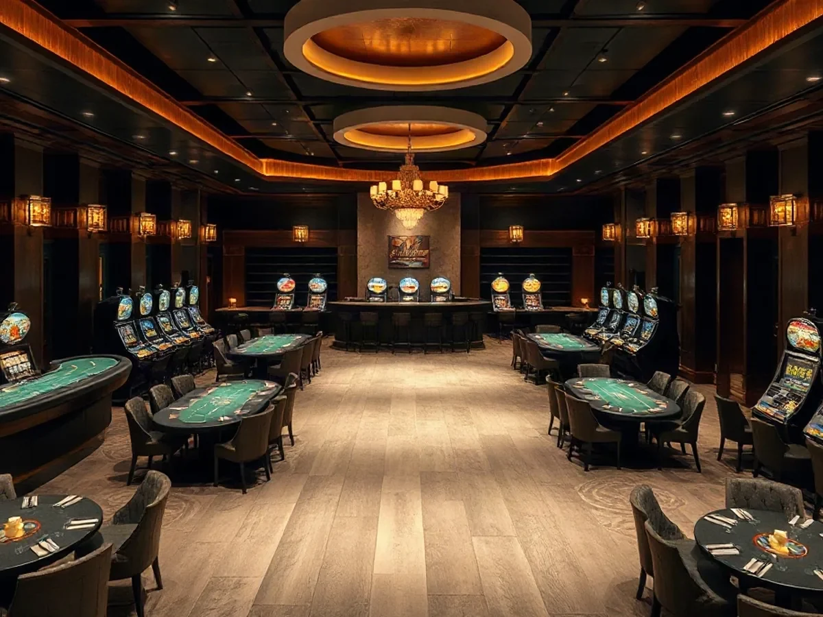 Gaming tables and slot machines across a warm, ink-toned floor with oak details.