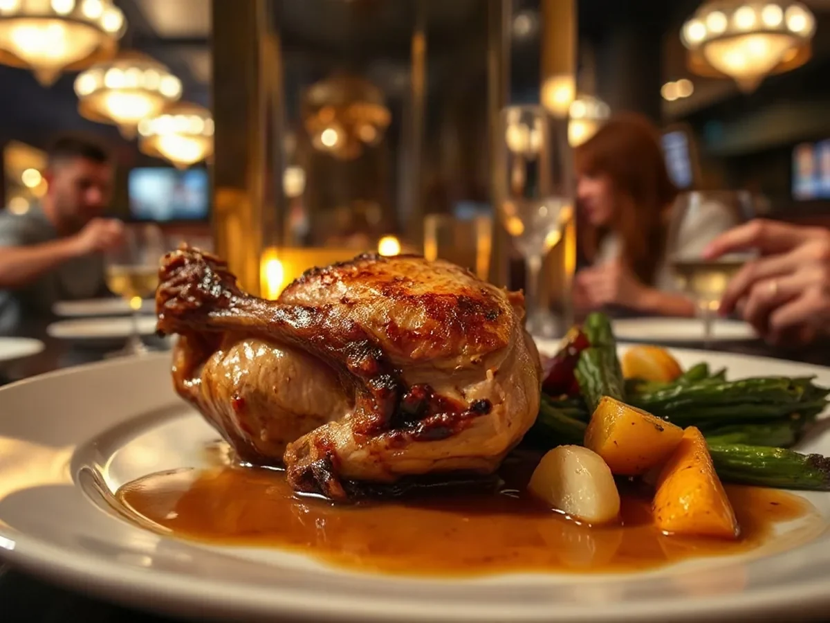 Golden roasted chicken with glossy tarragon jus and seasonal vegetables on ceramic.