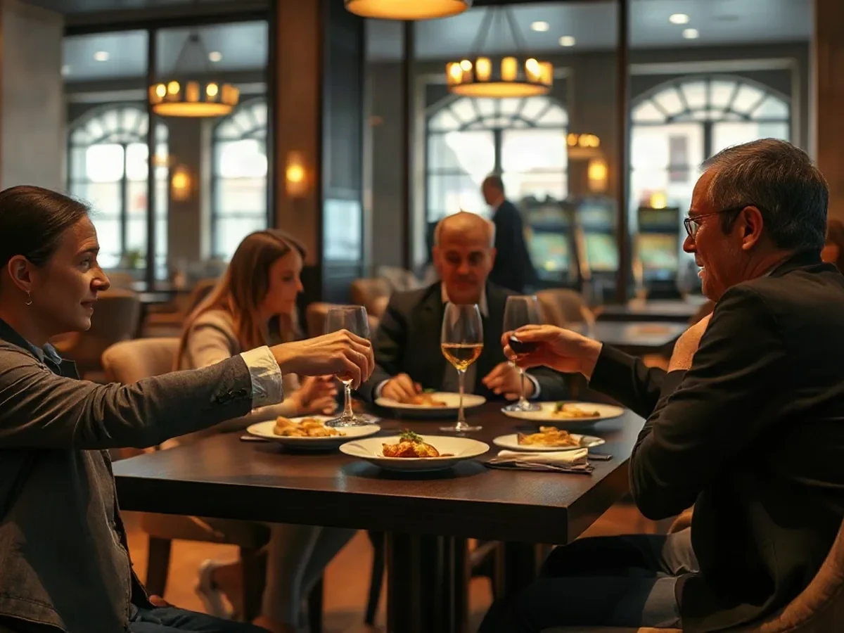 Adults sharing seasonal plates at a dark oak table under warm, layered light.